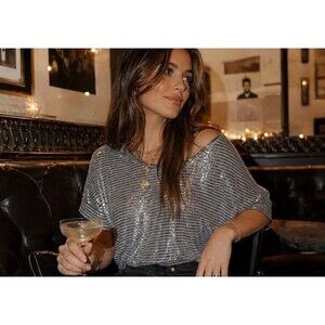 Fossil Sequin Stripe Top M Gray White Dolman Sparkle Tee